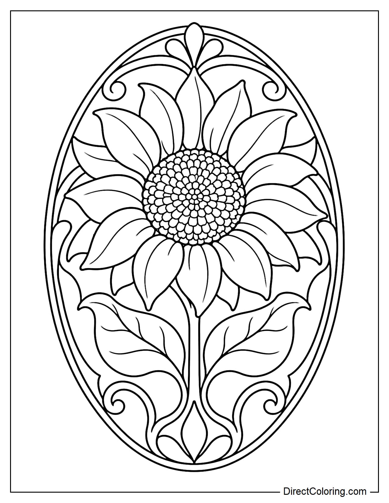 A giant sunflower centered inside an elongated oval frame, featuring a round flower center and two leafy branches curving symmetrically on either side.