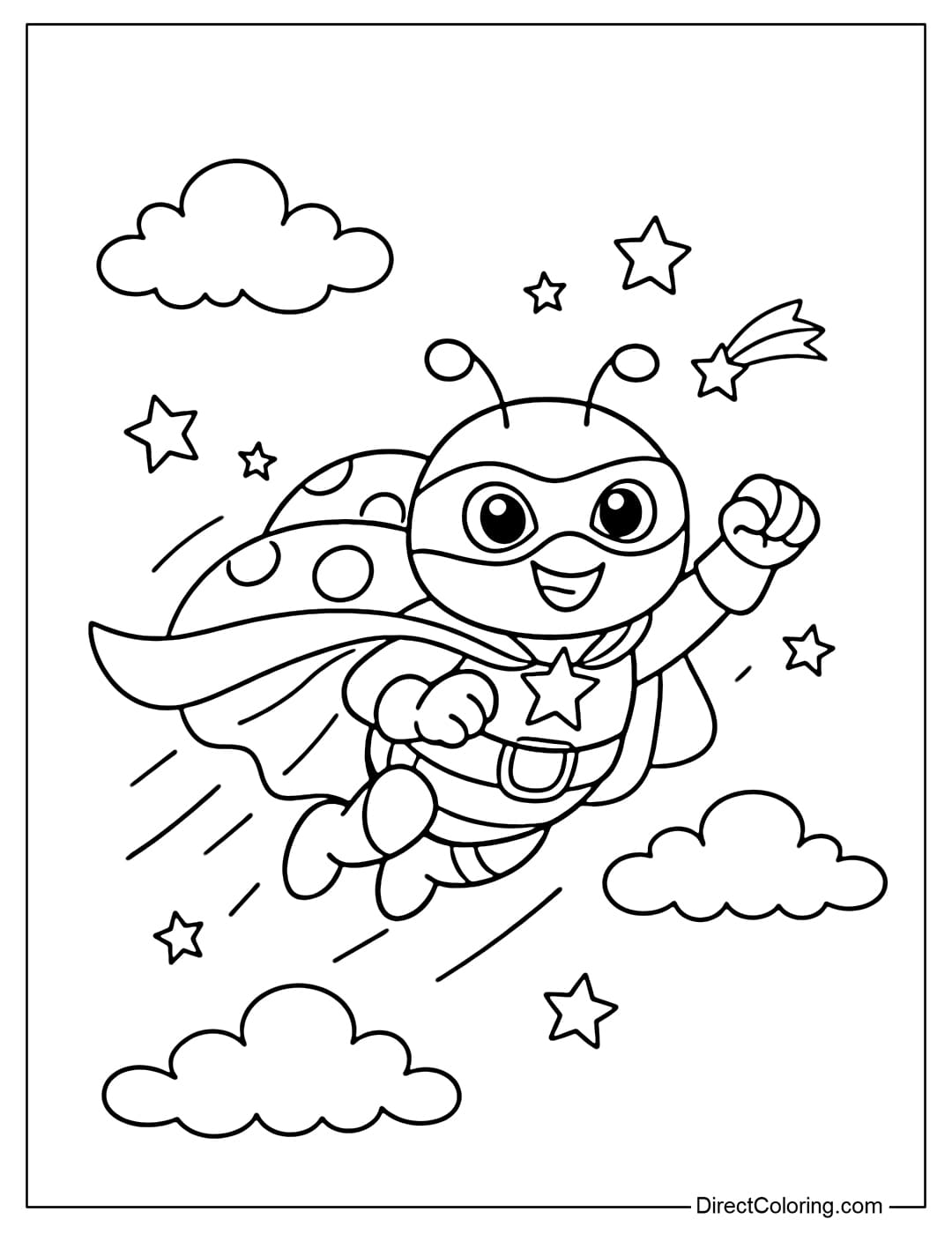 A coloring page of a ladybug wearing a superhero cape, flying in the sky.