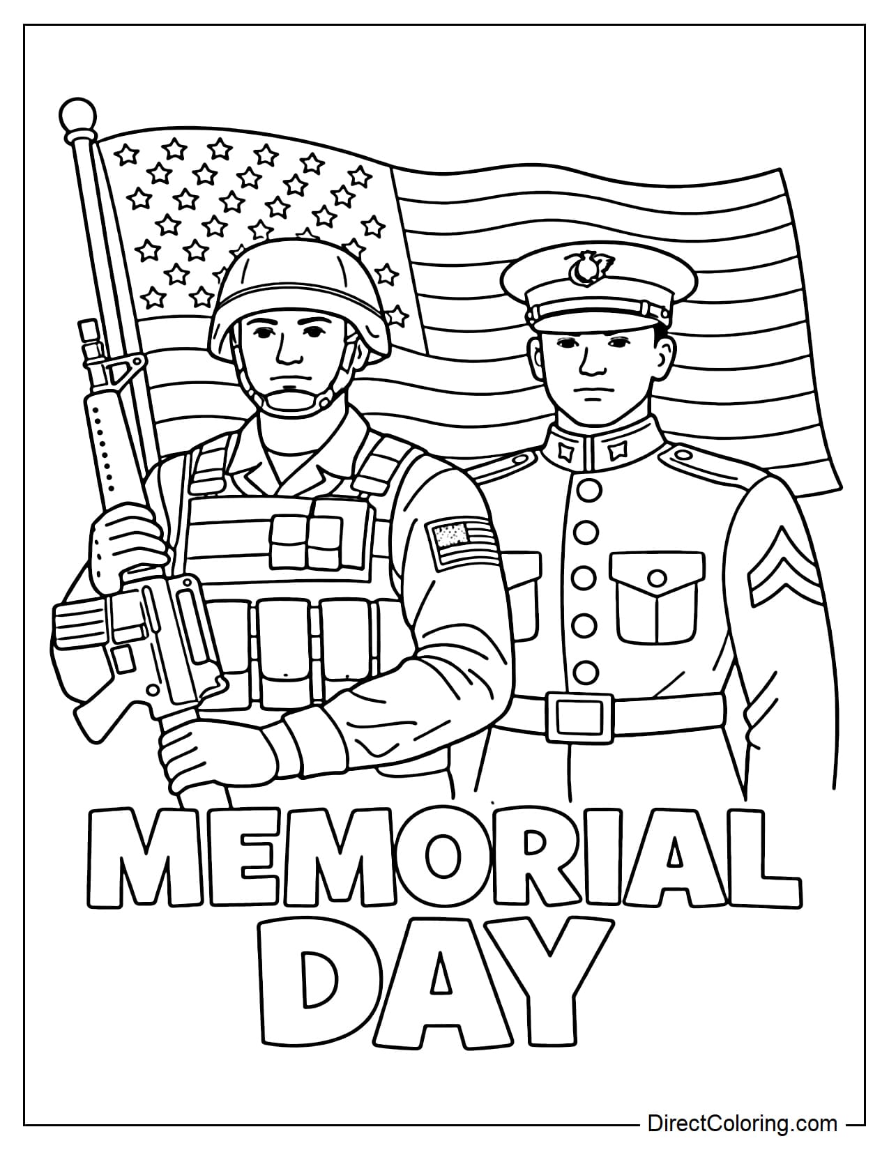 Two soldiers in solemn uniforms stand before a large American flag, with the words 