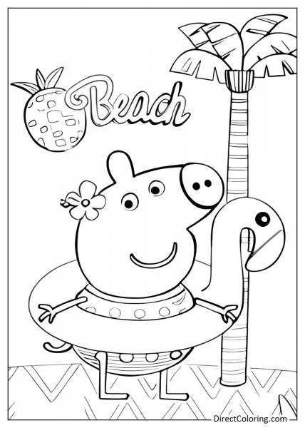 Peppa Pig on the beach with a flamingo float coloring page