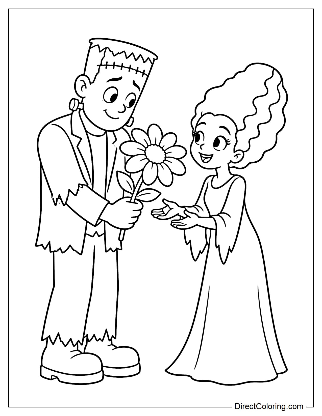 Frankenstein shyly offers a large flower to the Bride of Frankenstein, who smiles and reaches out with both hands to accept it.