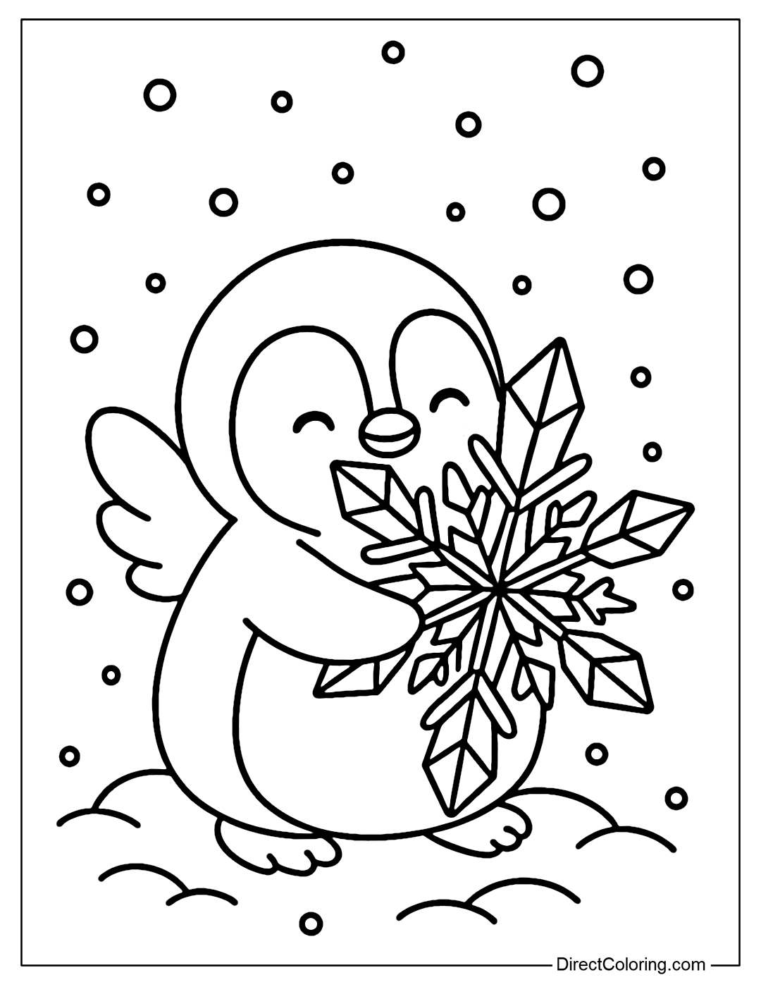 Coloring page of a little penguin with fairy wings, holding a giant crystal flower in the falling snow.
