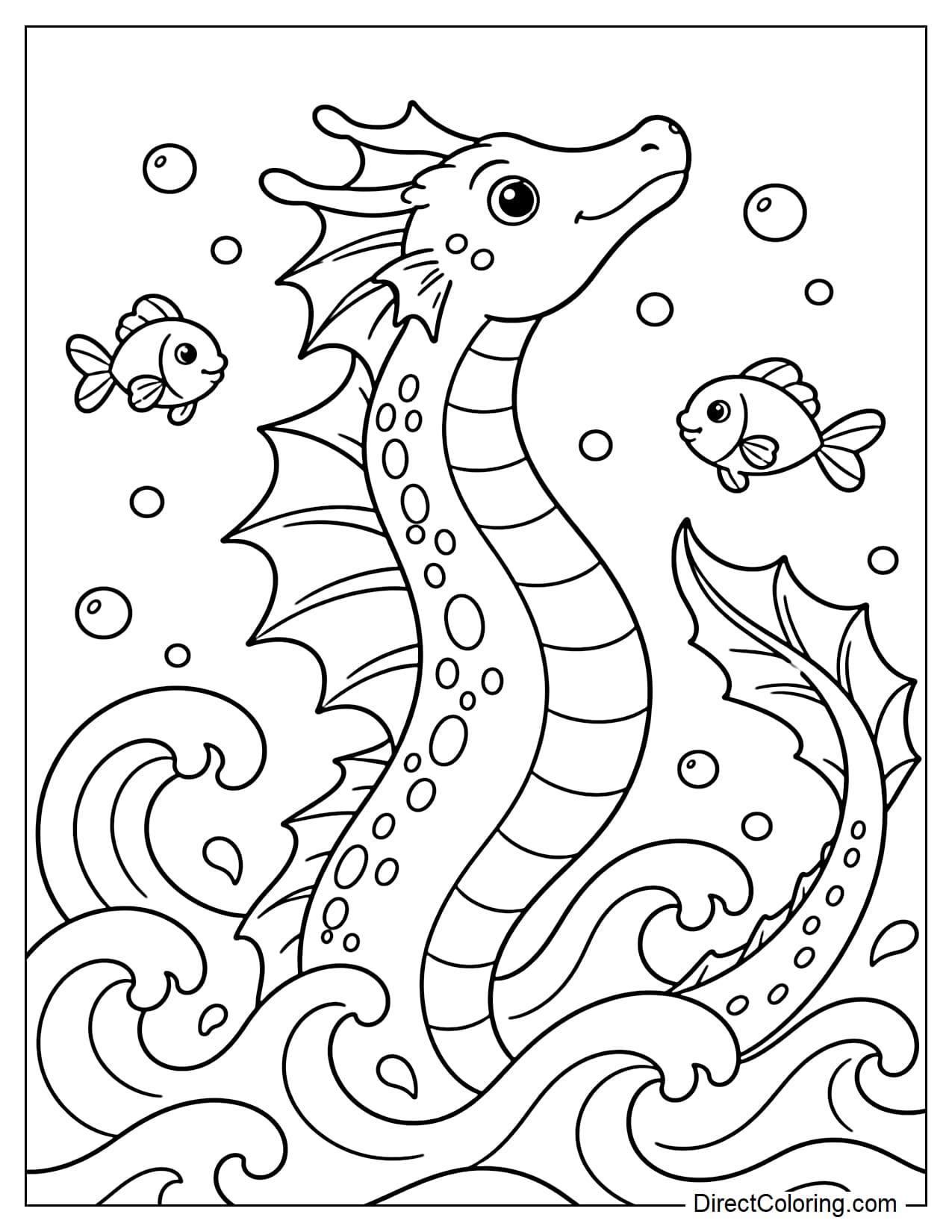 A sea dragon is rising from the water in a curved pose, with its head lifted high, a long body with large back fins, and a curved finned tail behind it. Around it are big waves, round bubbles, and small fish.