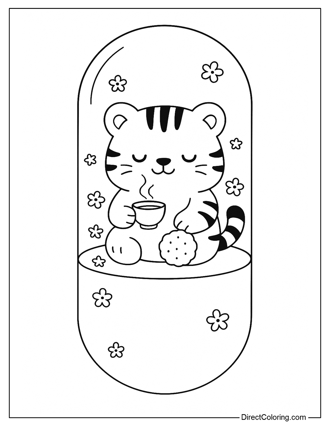 Coloring page of a capsule with a little tiger sitting and enjoying tea in a teacup-shaped capsule, with cookies, steam and flowers around