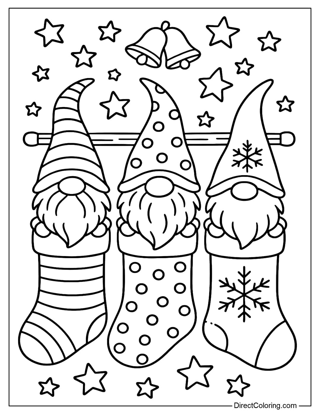 A coloring page of three tiny gnomes with very long hats, each sitting in a large Christmas stocking hanging on a wooden bar.