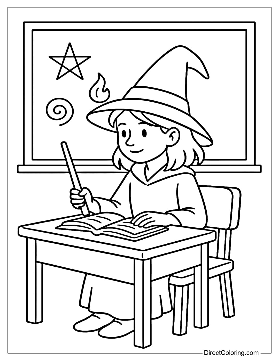 A coloring page of a magic classroom, a witch apprentice sitting at a desk, with a few simple magic symbols on the blackboard behind.