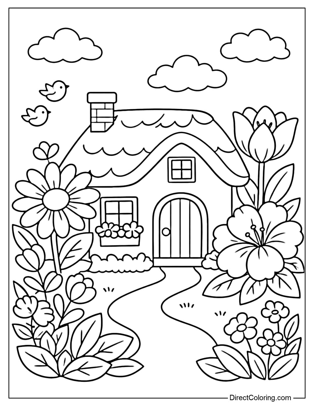 Coloring page for a small cottage in a spring garden, surrounded by large flowers and young leaves.