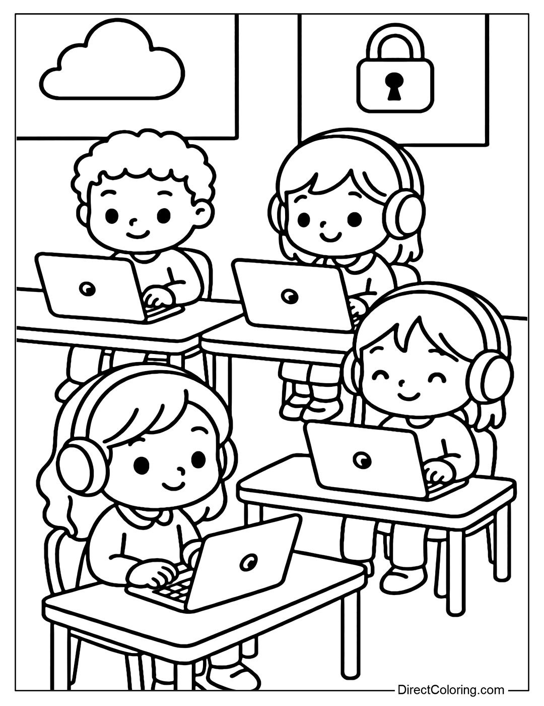 A technology time coloring page with students using Chromebooks and headphones, and a cloud icon and a secure lock on the background.