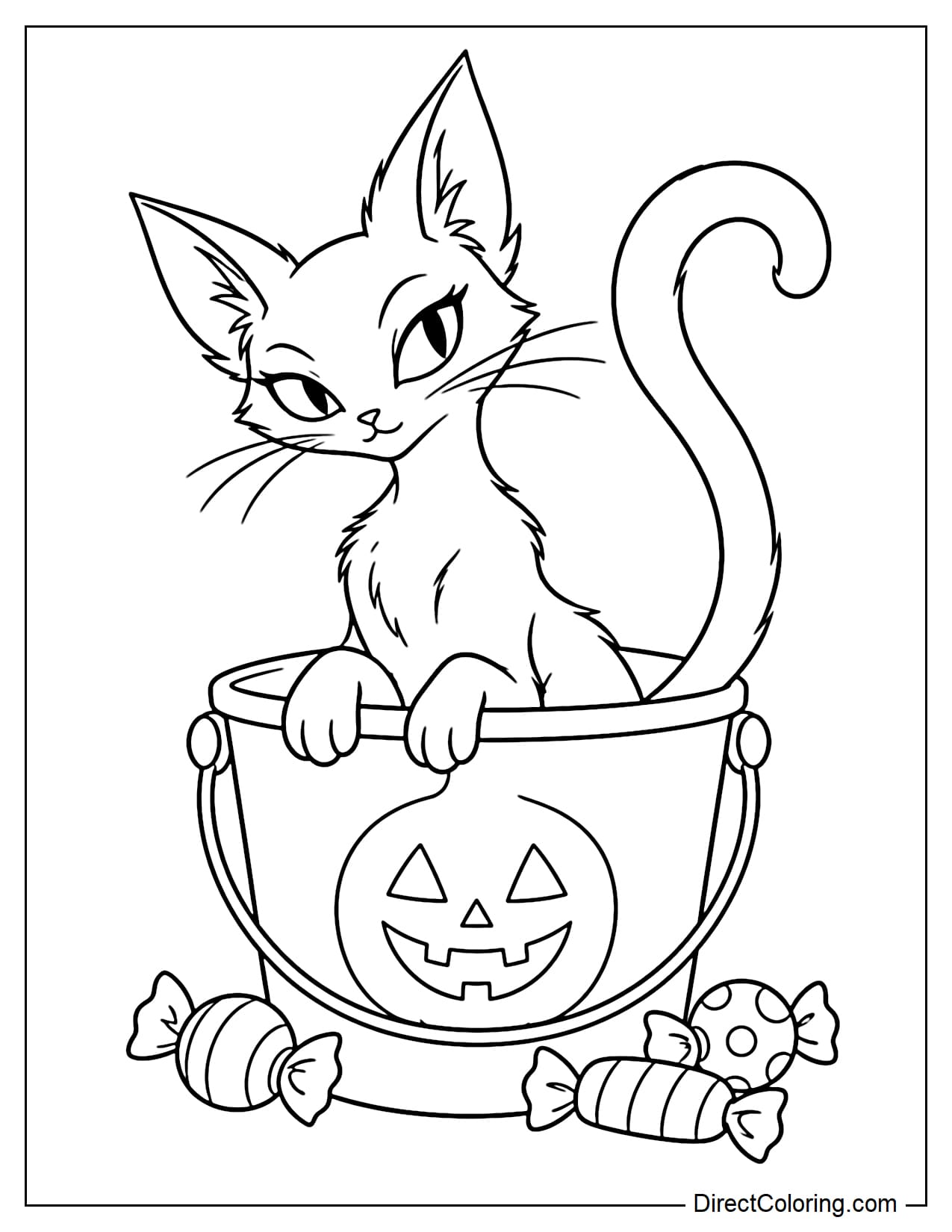 A classic Halloween black cat peeks halfway out of a large trick-or-treat bucket, resting its front paws on the rim and tilting its head curiously, with a few large candies beside the bucket.