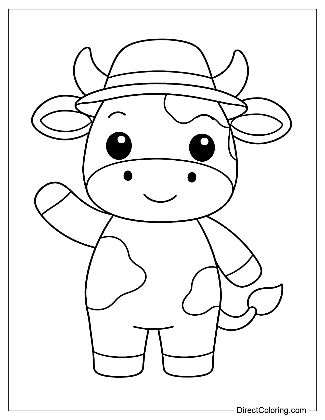 A cow wearing a simple hat on its head, striking a cute standing pose.