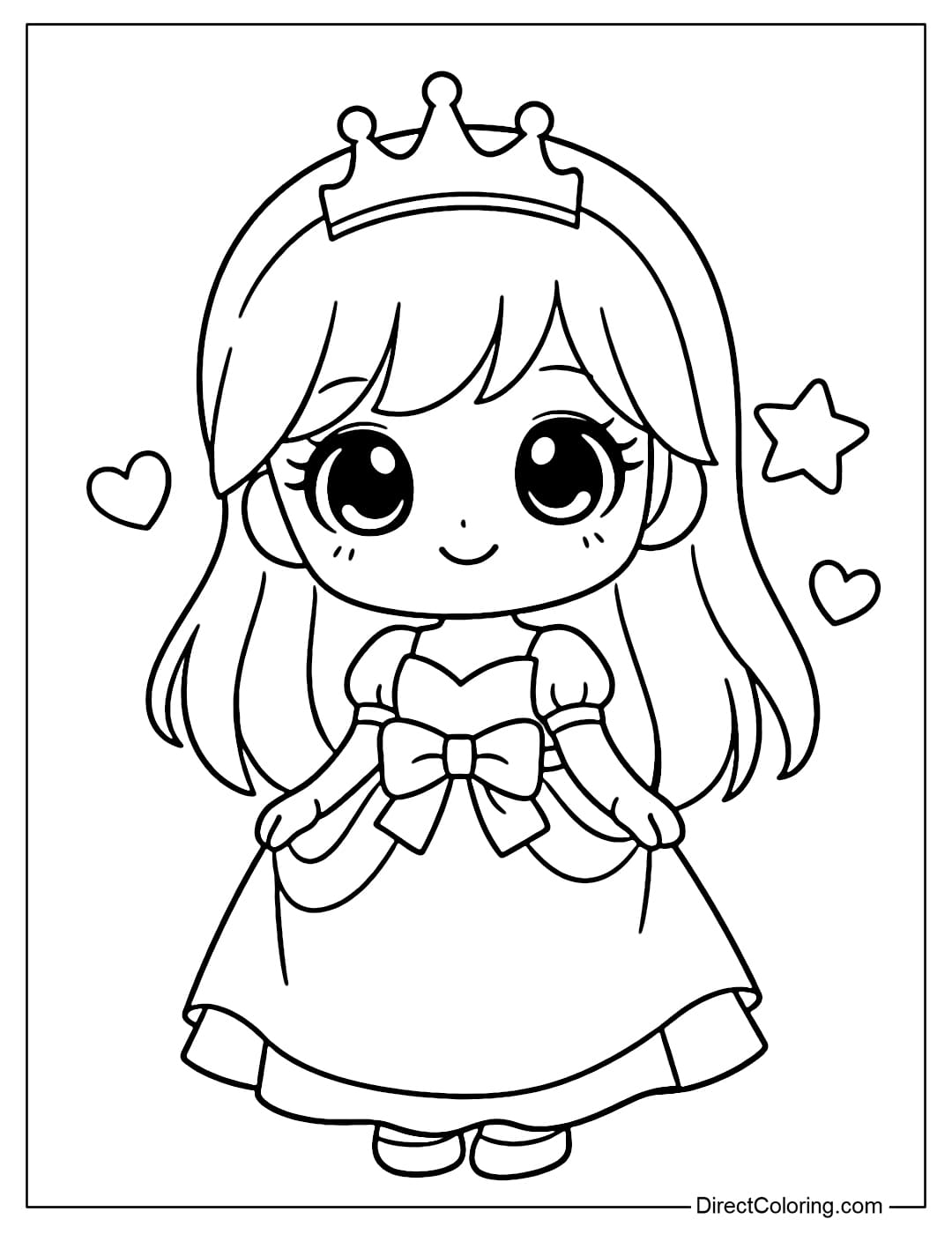 Little princess coloring page with cute style big eyes.