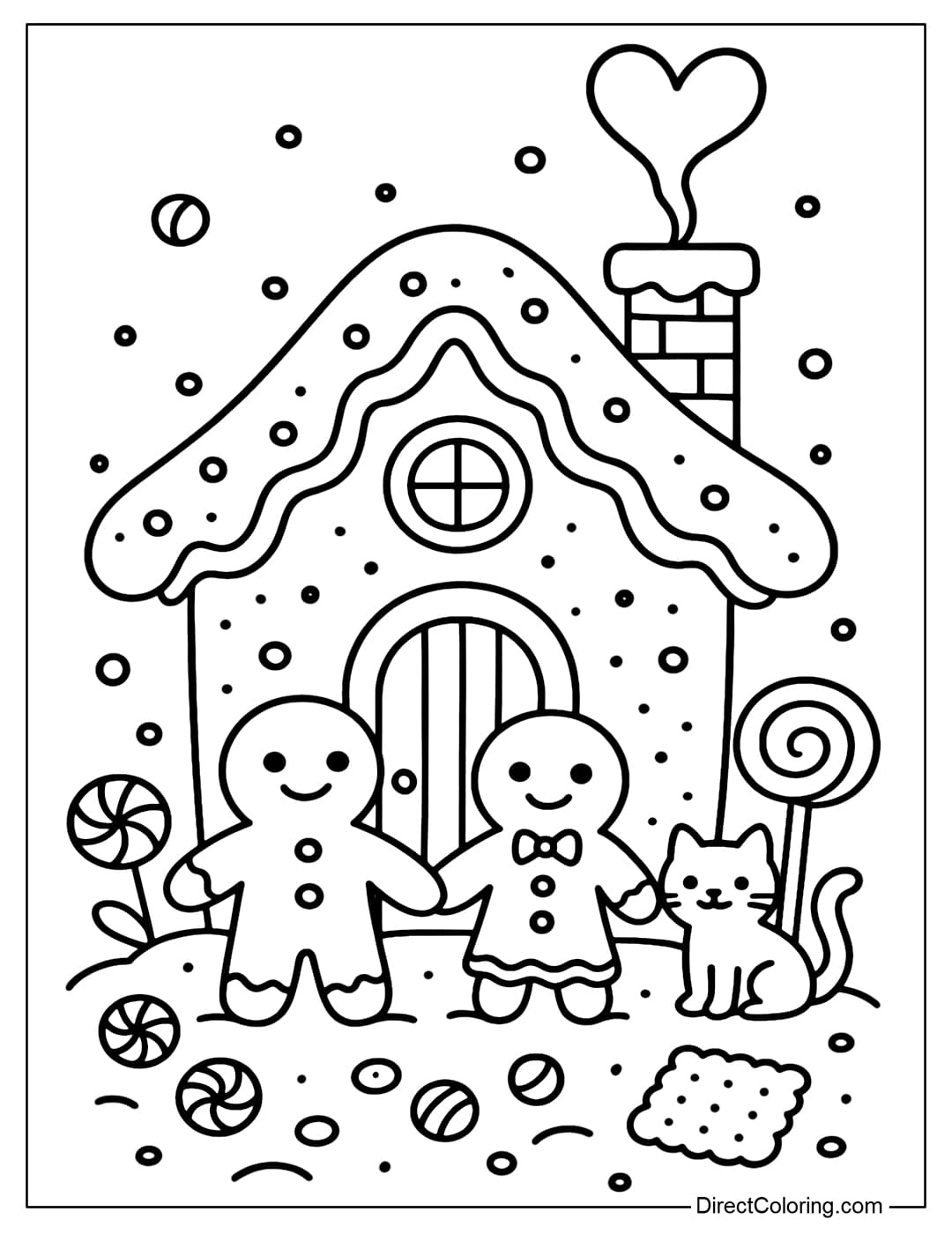 A cute little gingerbread house coloring page with two gingerbread people holding hands, and a little cat sitting next to a lollipop.