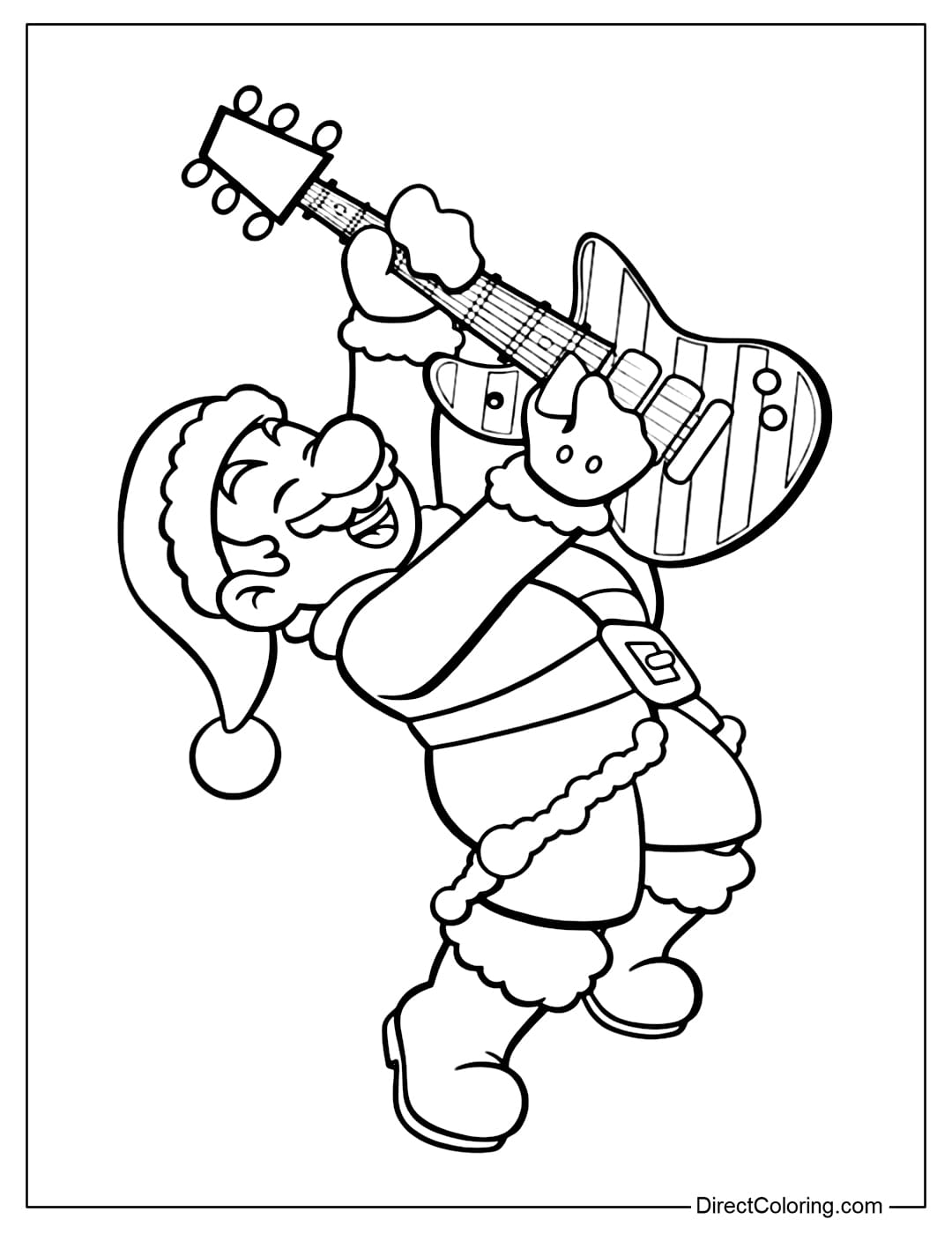 Coloring page of Mario dressed as Santa, rocking out with an electric guitar covered in festive stripes.
