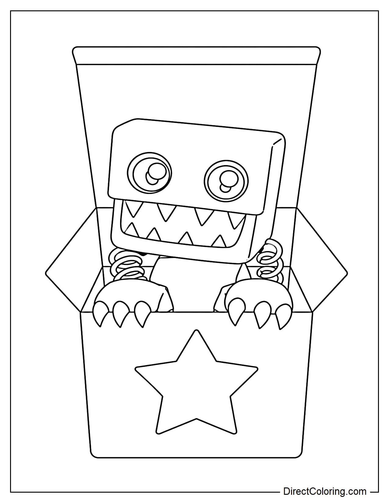 Boxy Boo from Poppy Playtime sits snugly inside an open box, its face looking out with a mischievous expression.