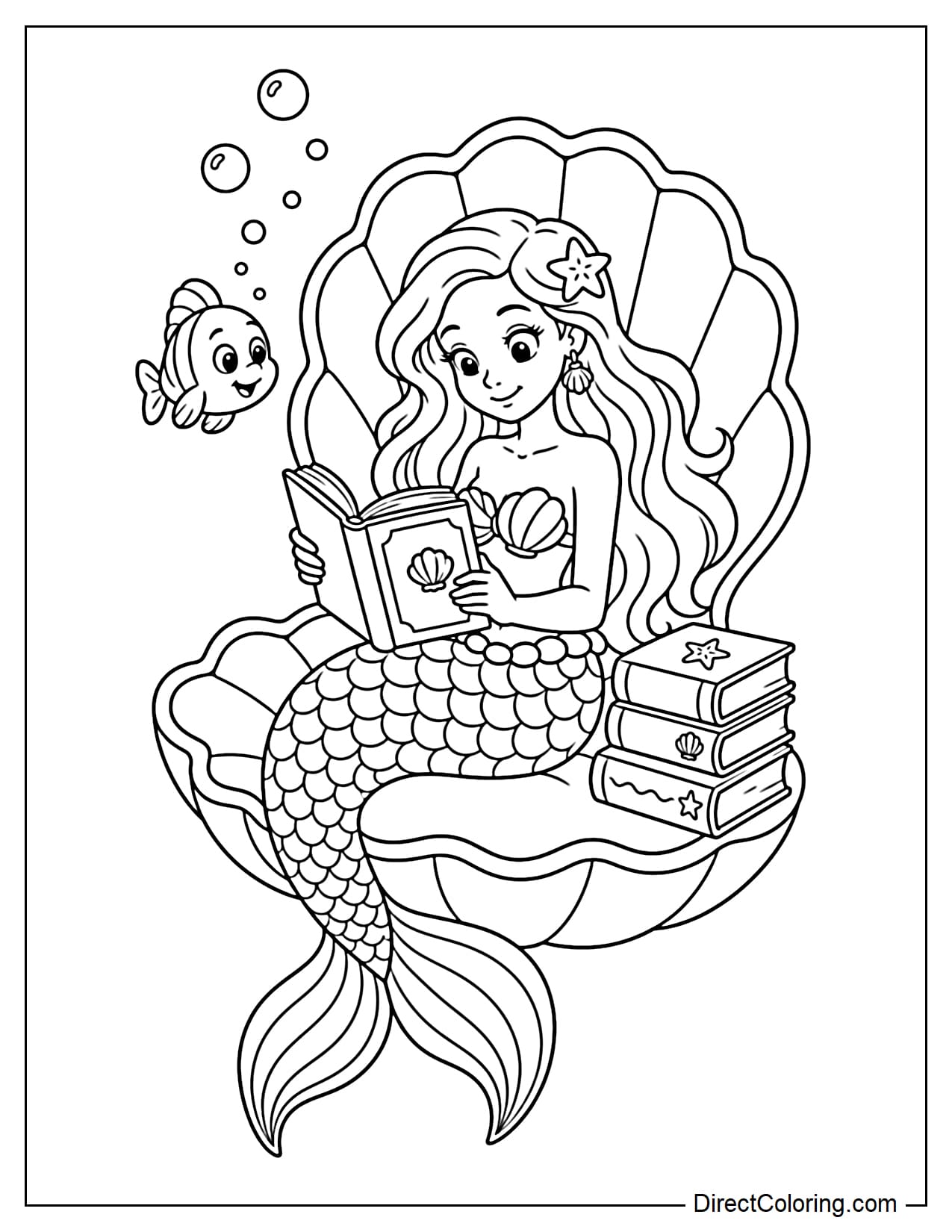A mermaid is sitting on a giant clam shell and reading a book underwater. Beside her are a stack of small books, a curious fish, and some bubbles rising to the surface.