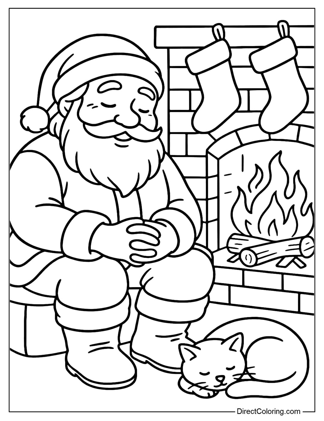Santa by the Fireplace Coloring Page Santa Claus coloring page sitting by the fireplace, the warm firelight reflecting on his kind face, surrounded by gift socks and a cat curled up sleeping.