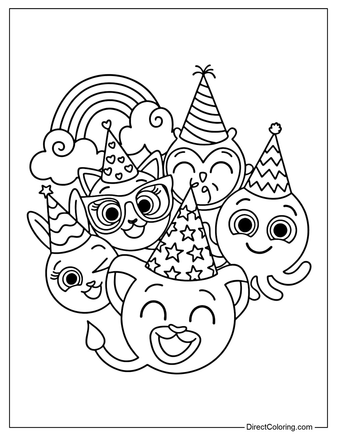 Coloring page of Rick, Pow, Sophie, Bunny, Pipi wearing birthday hats, behind is a rainbow.