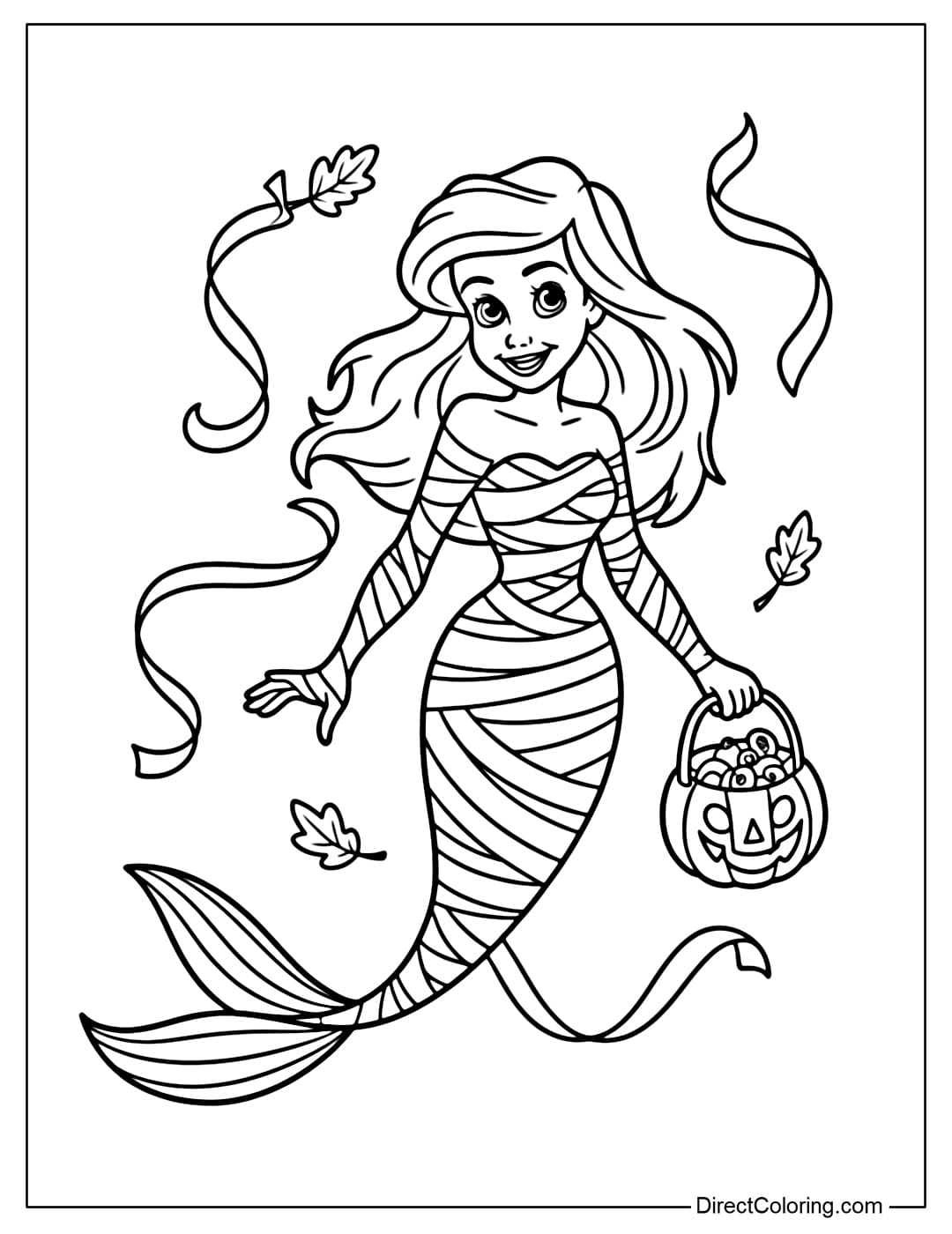 Coloring page Ariel is wrapped in bandages like a mummy, holding a small pumpkin-shaped basket containing candy.