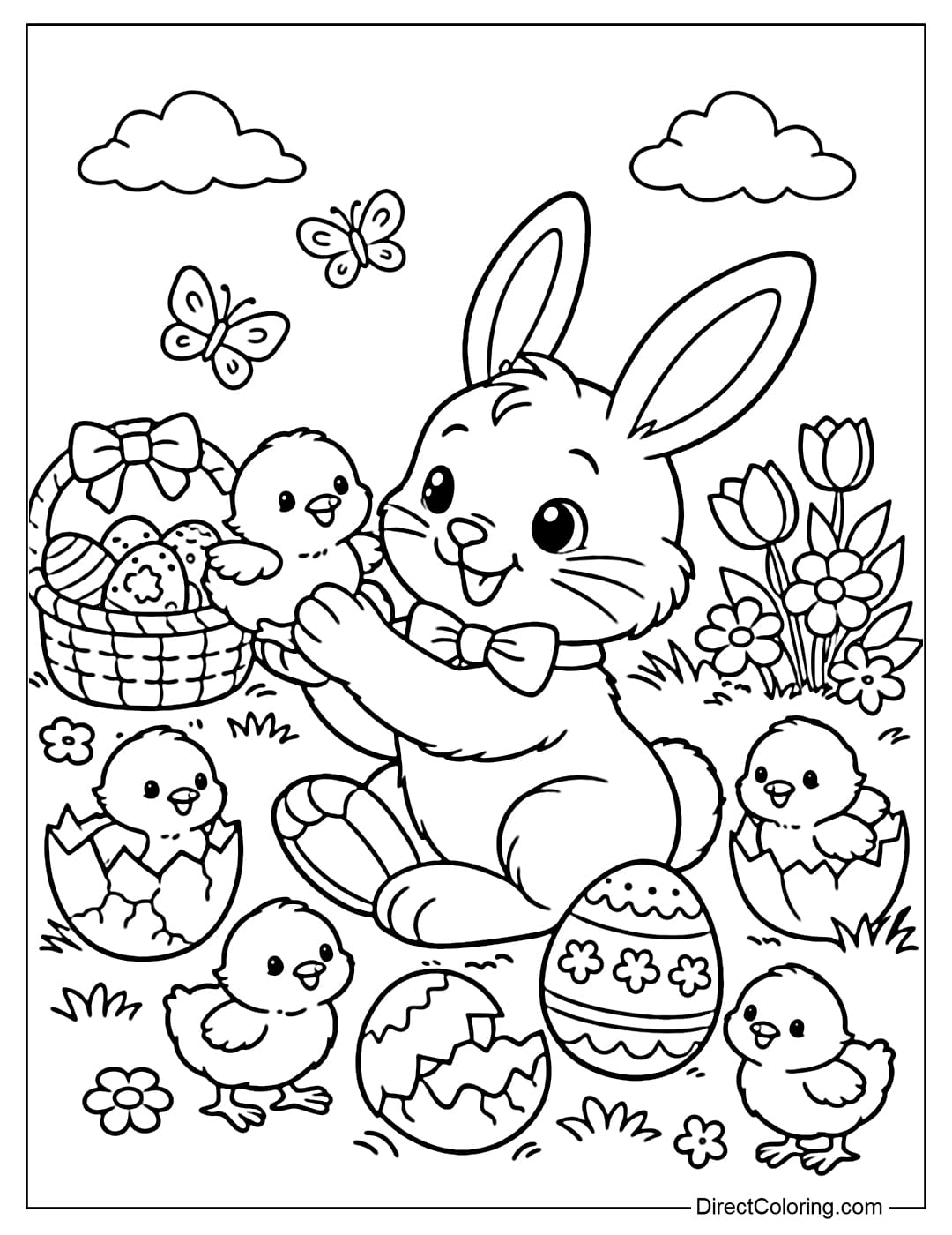 An Easter bunny coloring page featuring playful chicks.