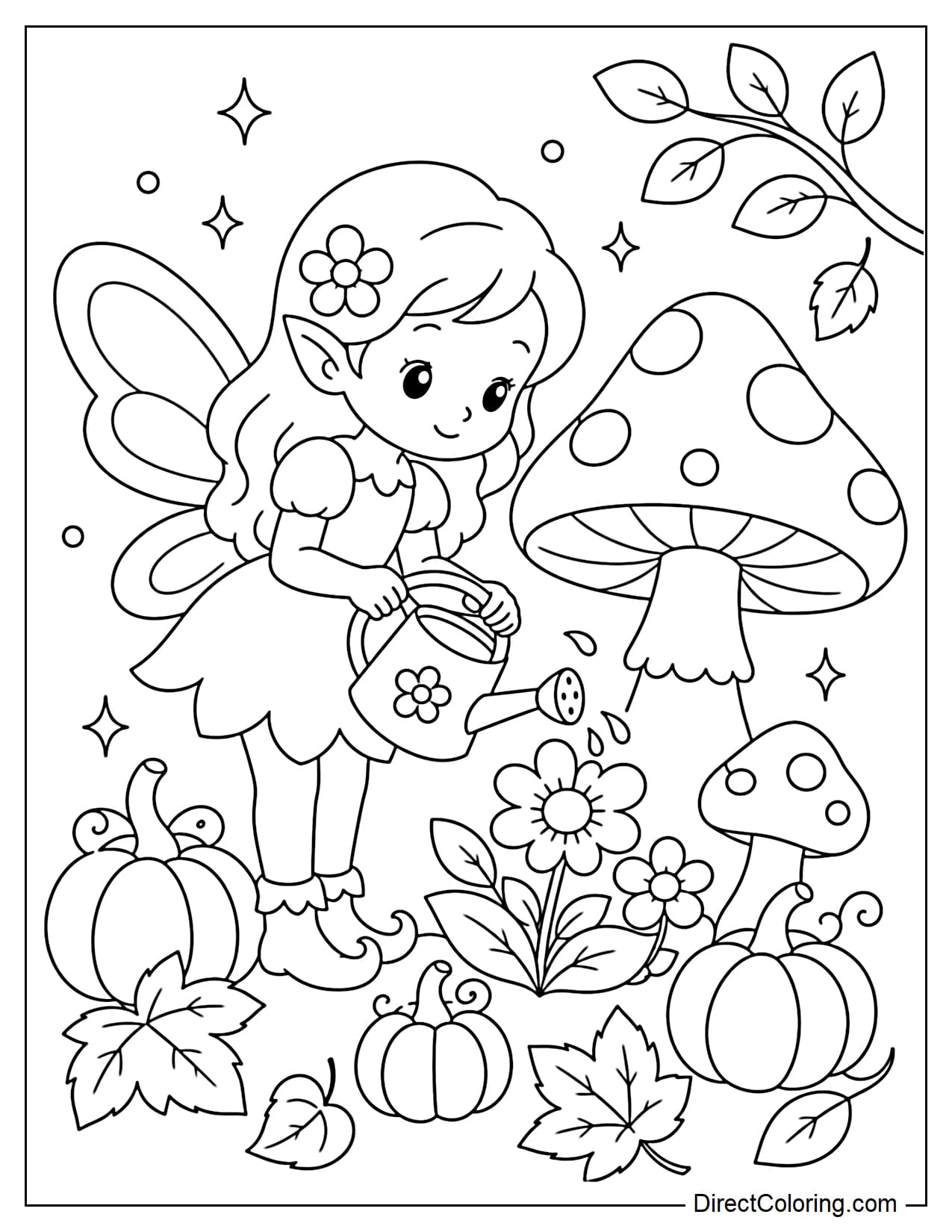 A little fairy in a magical October garden takes care of autumn flowers and a large mushroom, surrounded by charming seasonal details.