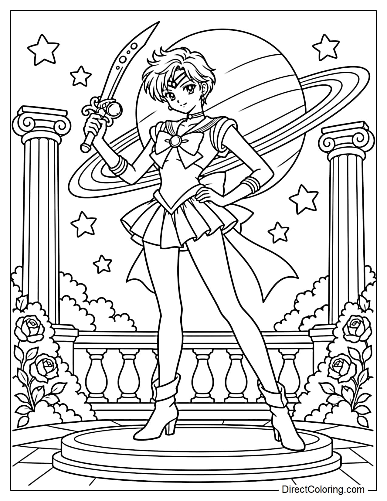 Sailor Uranus (Haruka Tenou) stands on a round stone platform in a garden with classical columns. She confidently holds her Space Sword diagonally upward in one hand while resting her other hand on her hip. Behind her is a large planet surrounded by a ring and a few stars.
