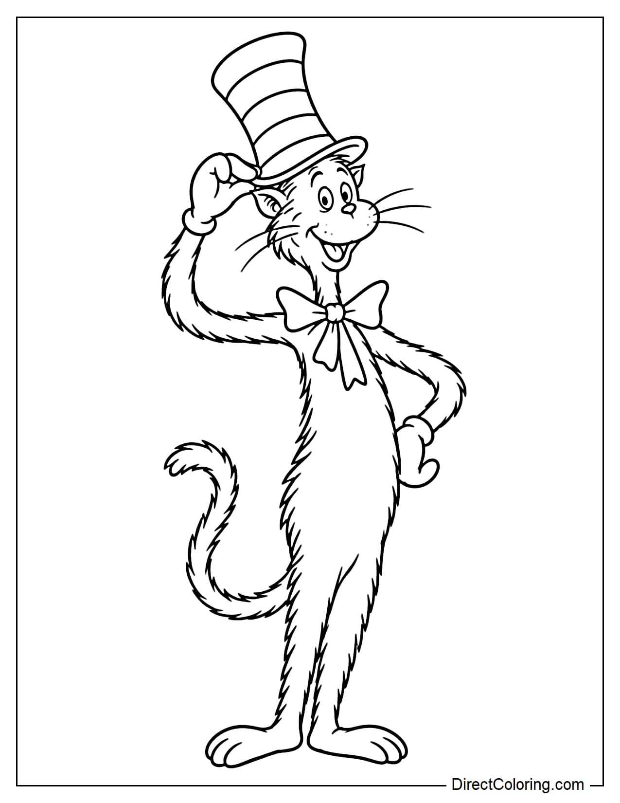 The Cat in the Hat stands tall with his signature slender figure, one hand holding the brim of his tall striped hat while the other rests on his hip.