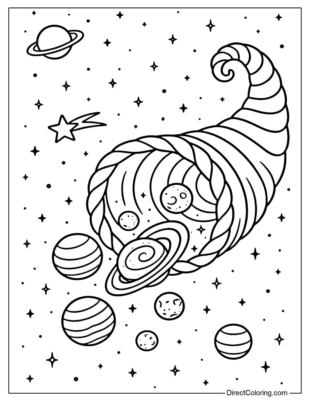 Cornucopia coloring page cosmic, giant horn in the middle of space spilling out small planets, falling stars.