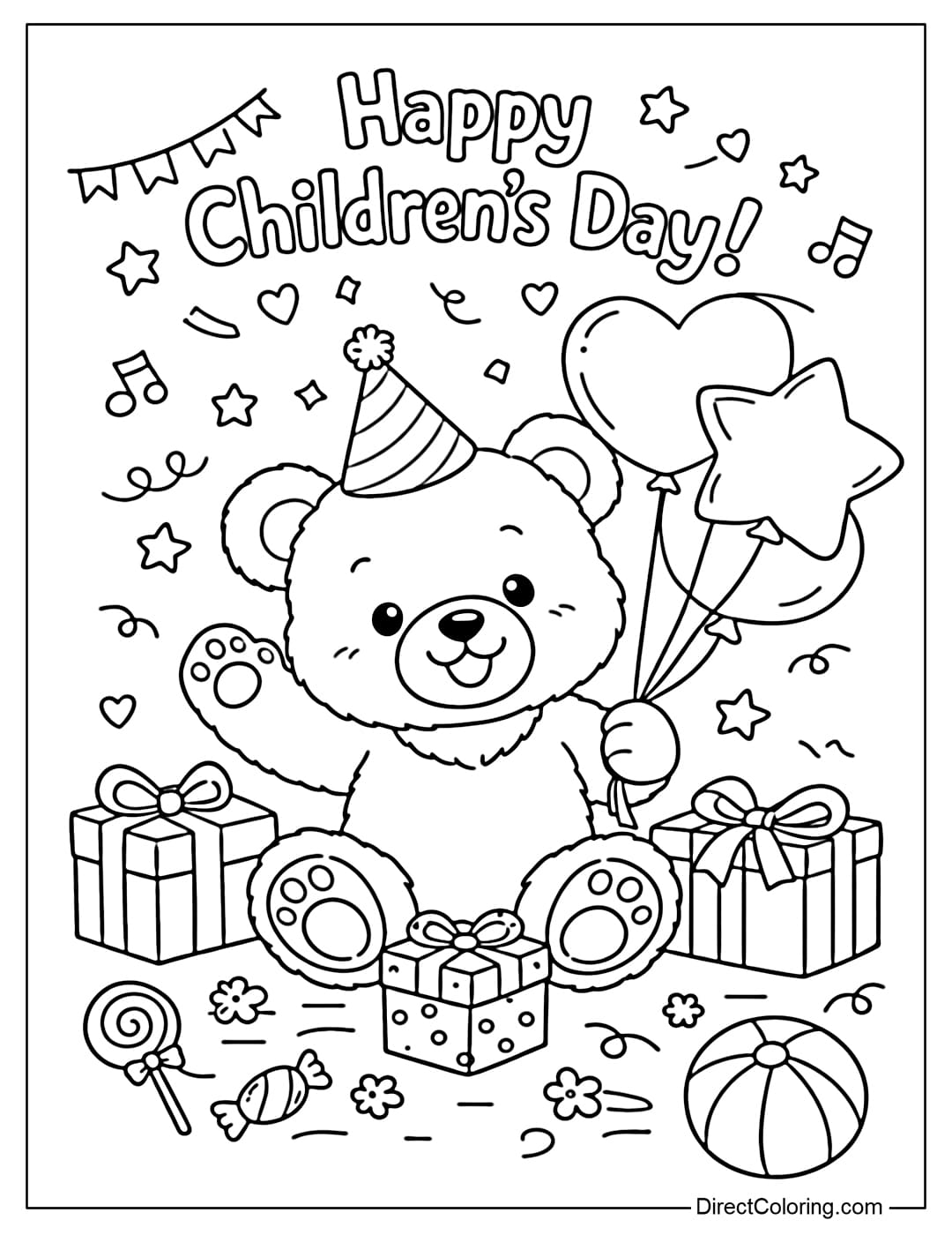 A coloring page of a teddy bear playing with balloons and gifts on Children's Day.
