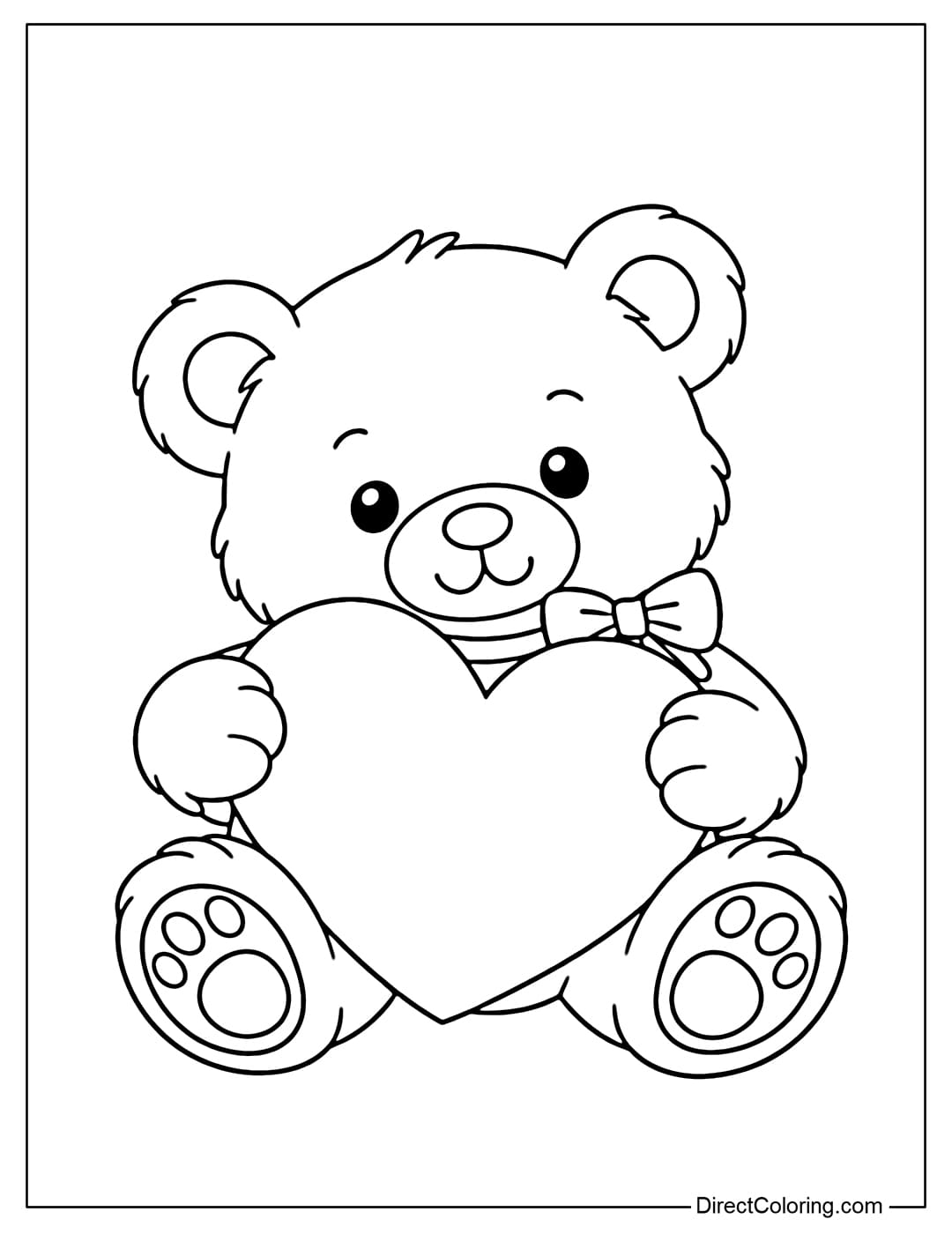 Coloring page of a teddy bear holding a large heart on Valentine's Day.