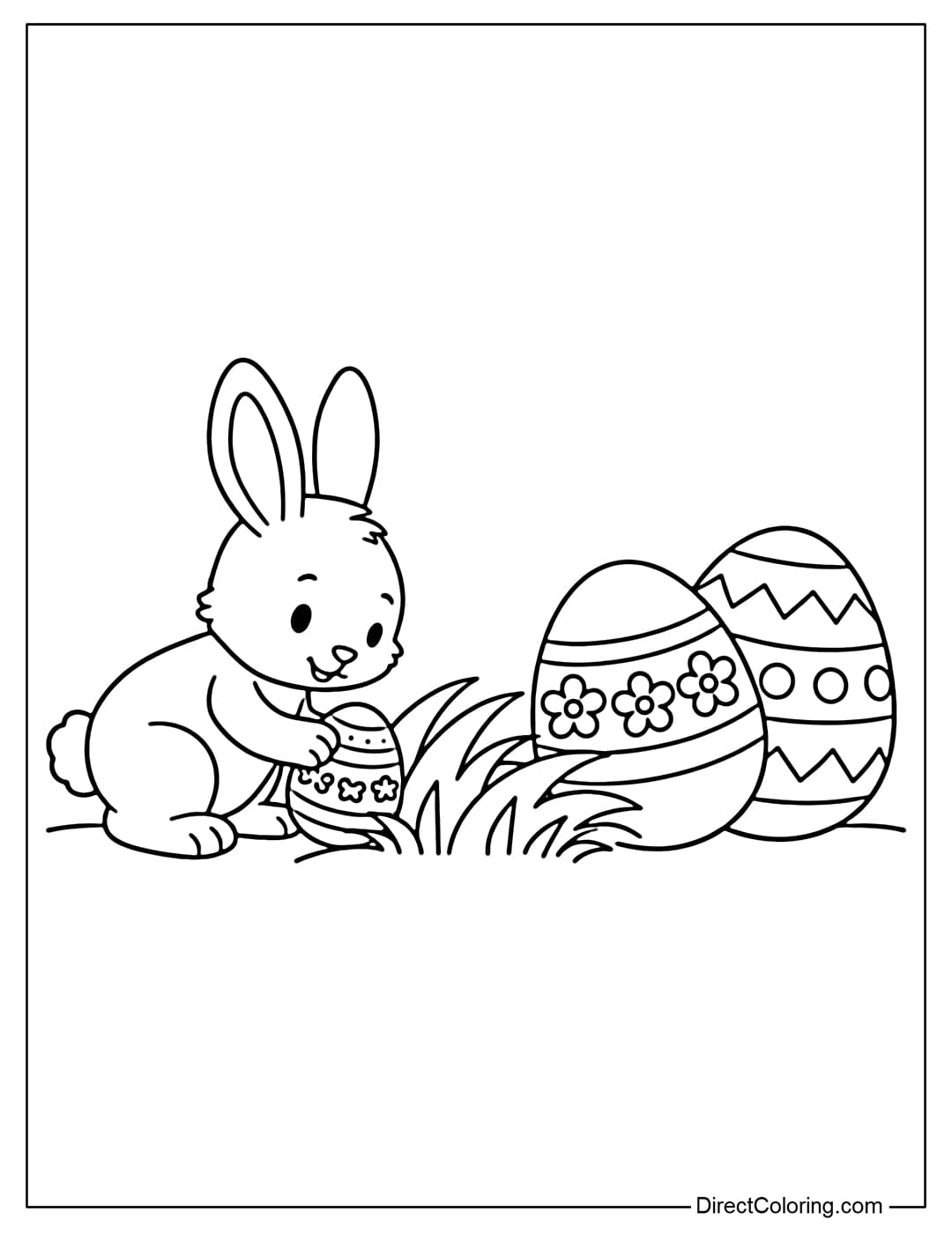 This coloring page features an Easter bunny with one egg hidden behind a bush, next to two larger eggs.