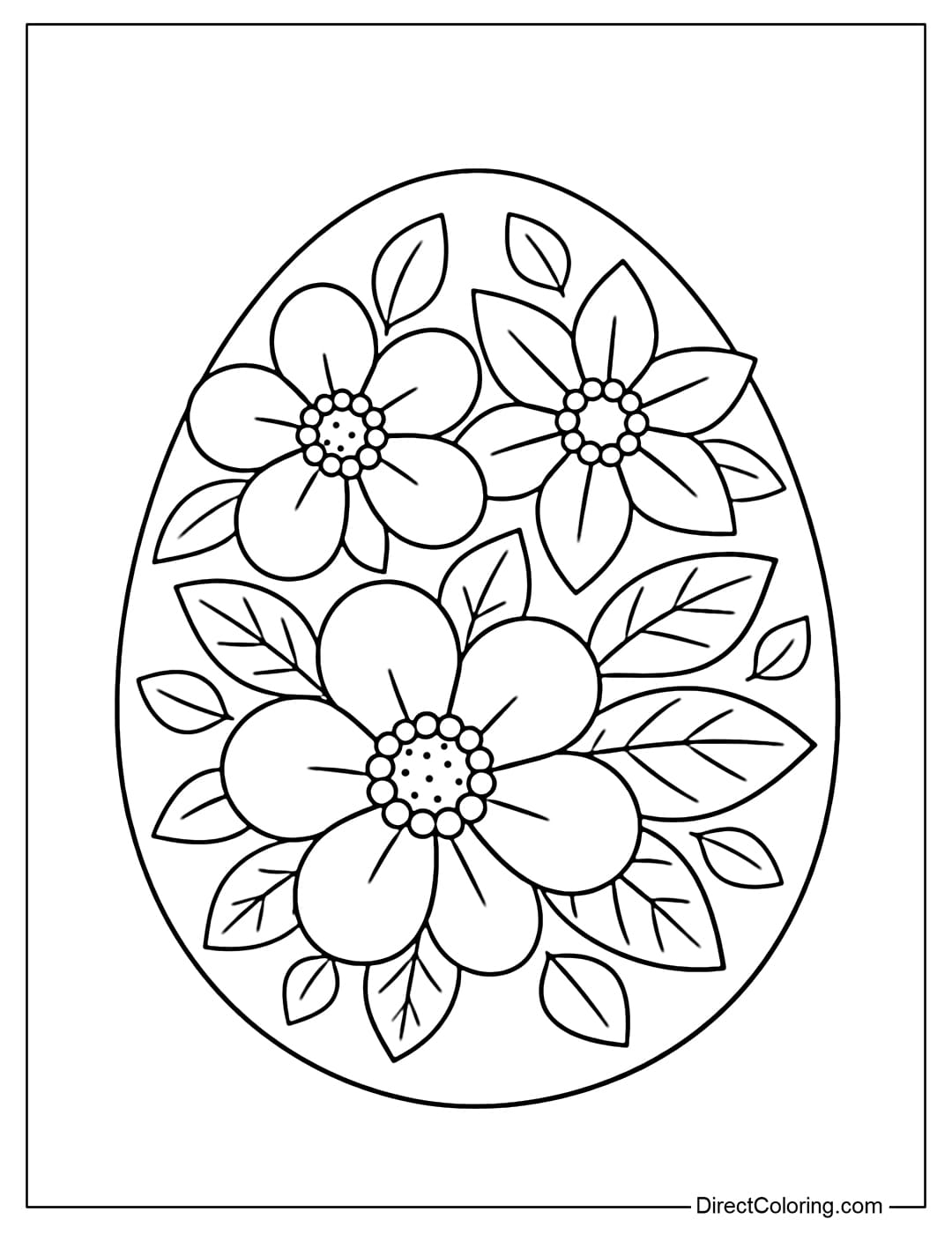 Coloring page of an Easter egg with several large flowers and small leaves.