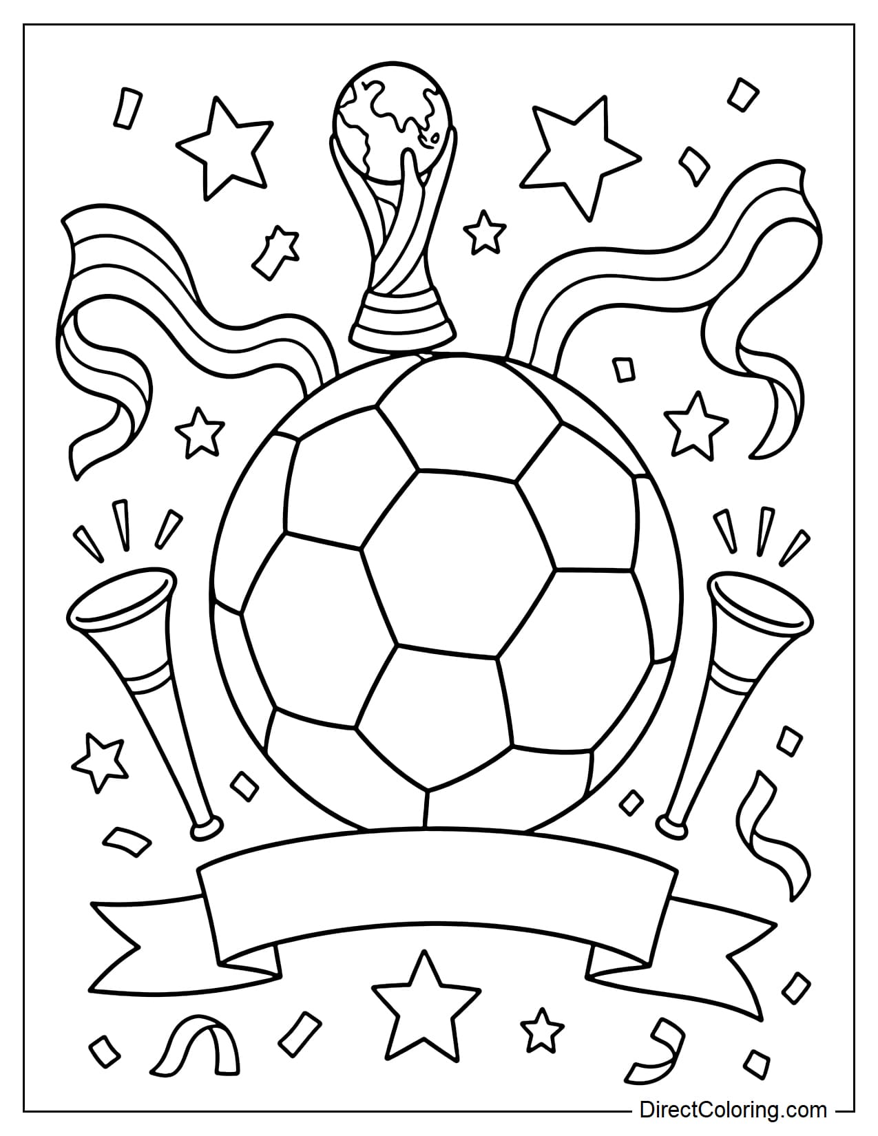 A World Cup-style soccer ball surrounded by stars, ribbons, and sporting details.
