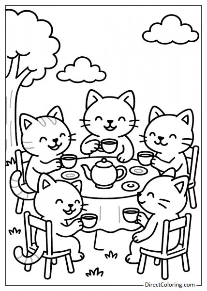 Five cats attending a tea party coloring image