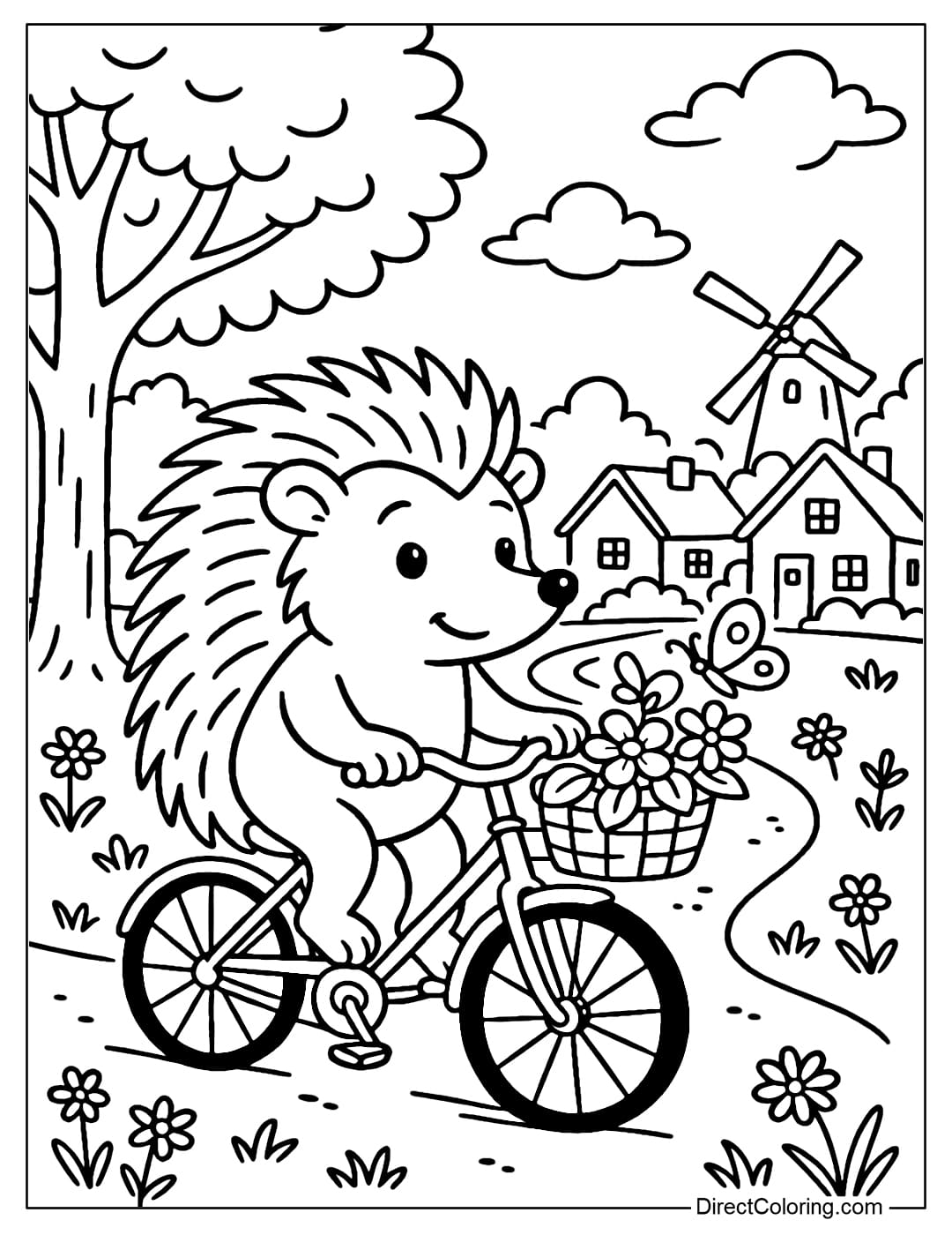 Hedgehog Biking Coloring Page Coloring page of a hedgehog riding a bicycle with a small flower basket in front.