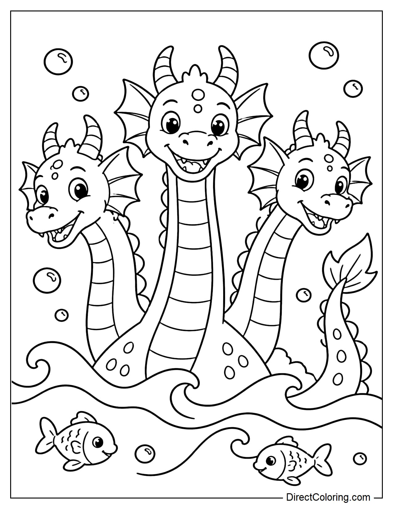 A three-headed sea dragon is rising from large ocean waves, with its three long necks stretching in different directions. Around it are large bubbles, two fish, and rolling wave lines.