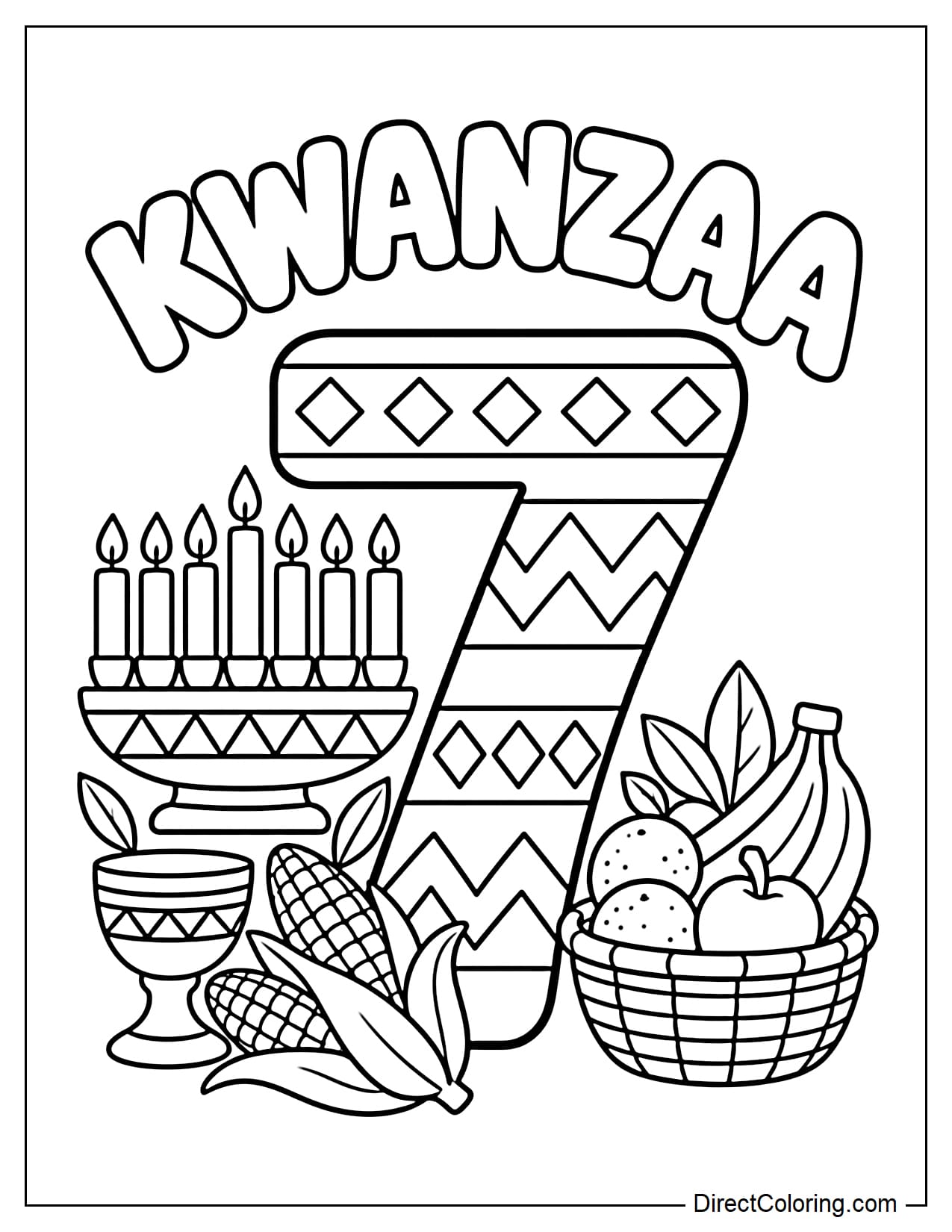 A giant number seven decorated with geometric patterns is surrounded by a Kinara, unity cup, corn, fruit basket, and the word 