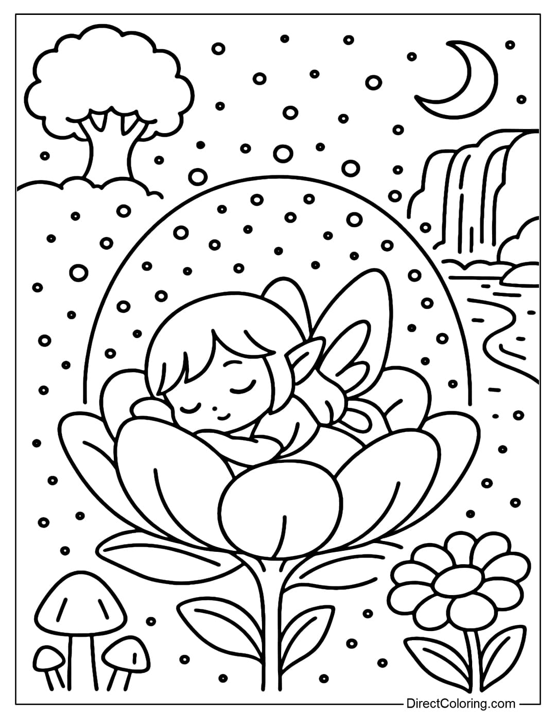 A coloring page of a fairy sleeping soundly in a giant flower, with soft rounded petal pillows.