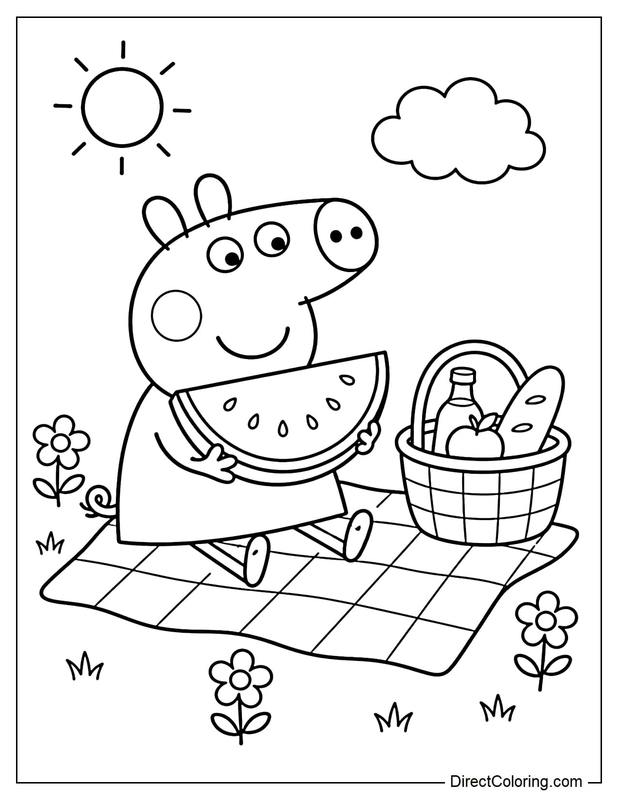 Peppa Pig is having a summer picnic with a large slice of watermelon, next to a picnic basket and some small flowers.