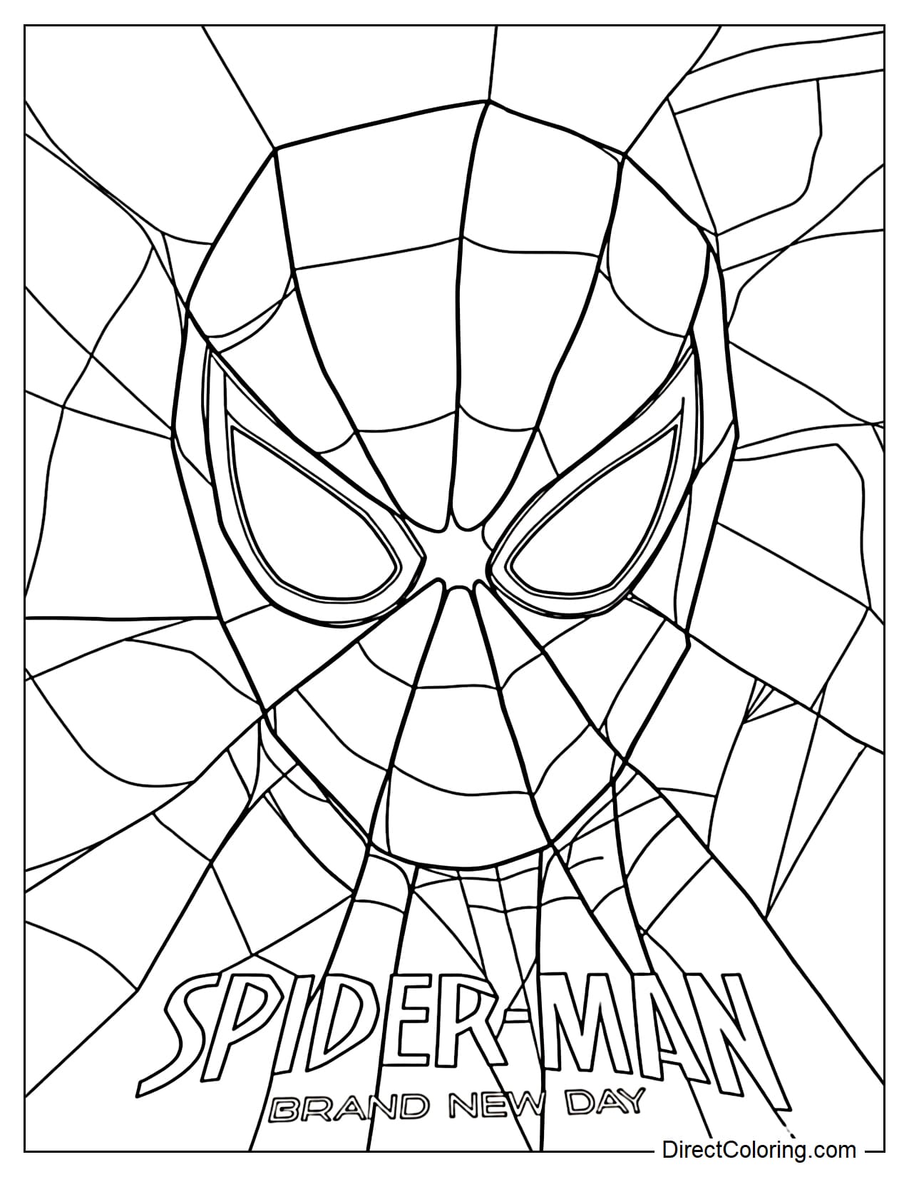 Spider-Man's face is surrounded by stylized, strong, spreading spider web lines, with large eyes and the words 