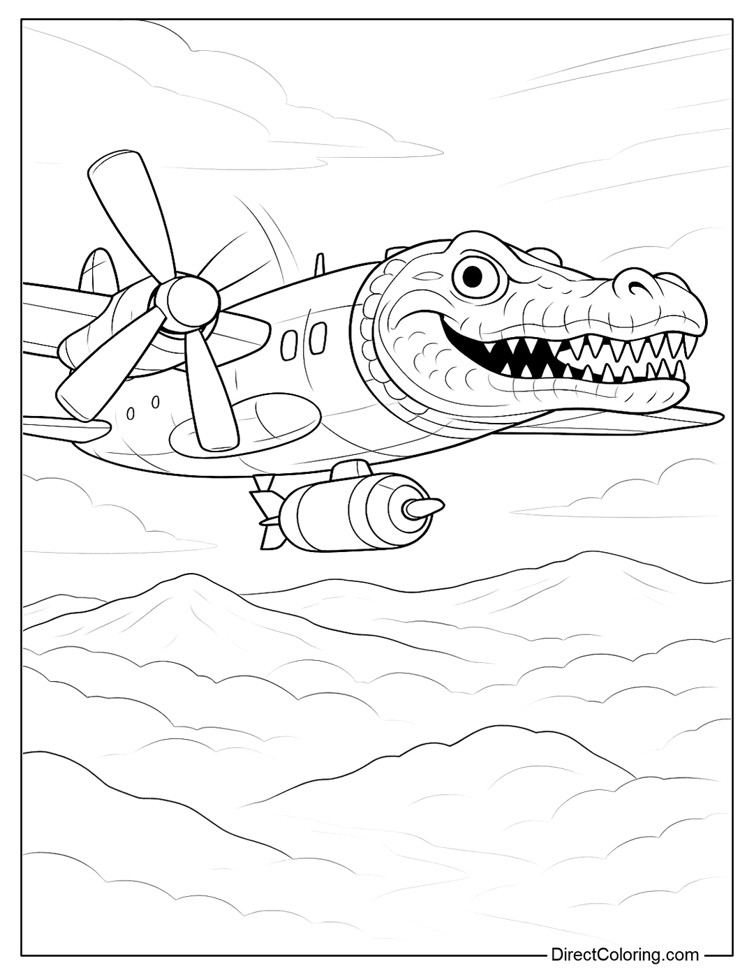 Bombardiro Crocodilo coloring page flying over the cloud mountains, below is a hazy scene like memory