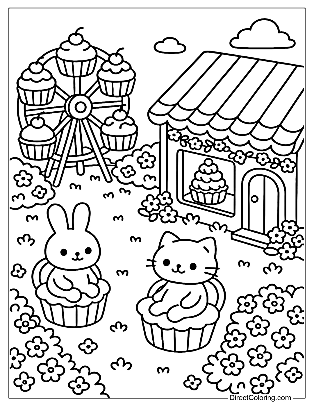 Bakery coloring page with bird's-eye view cupcake wheel, surrounded by flower bushes; rabbits and cats sitting on cupcake chairs; cupcake tower displayed in the glass door.