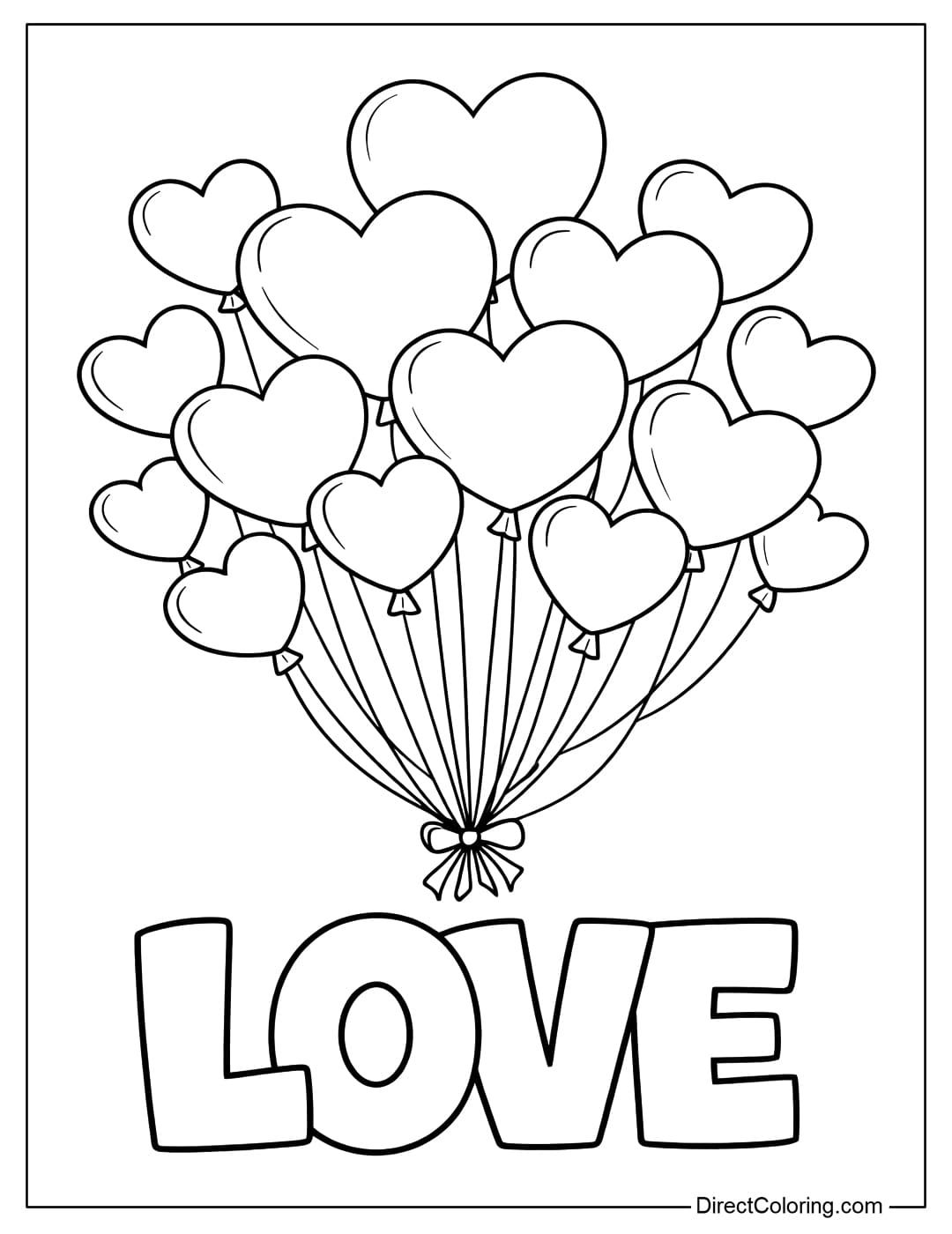 A coloring page for the word LOVE, with a cluster of heart-shaped balloons tied with strings above.
