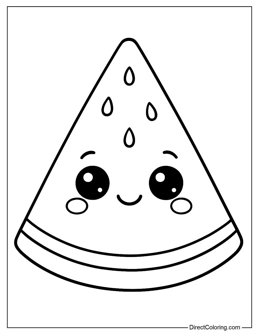 A slice of watermelon coloring page with a cute smiley face, rosy cheeks and big eyes.