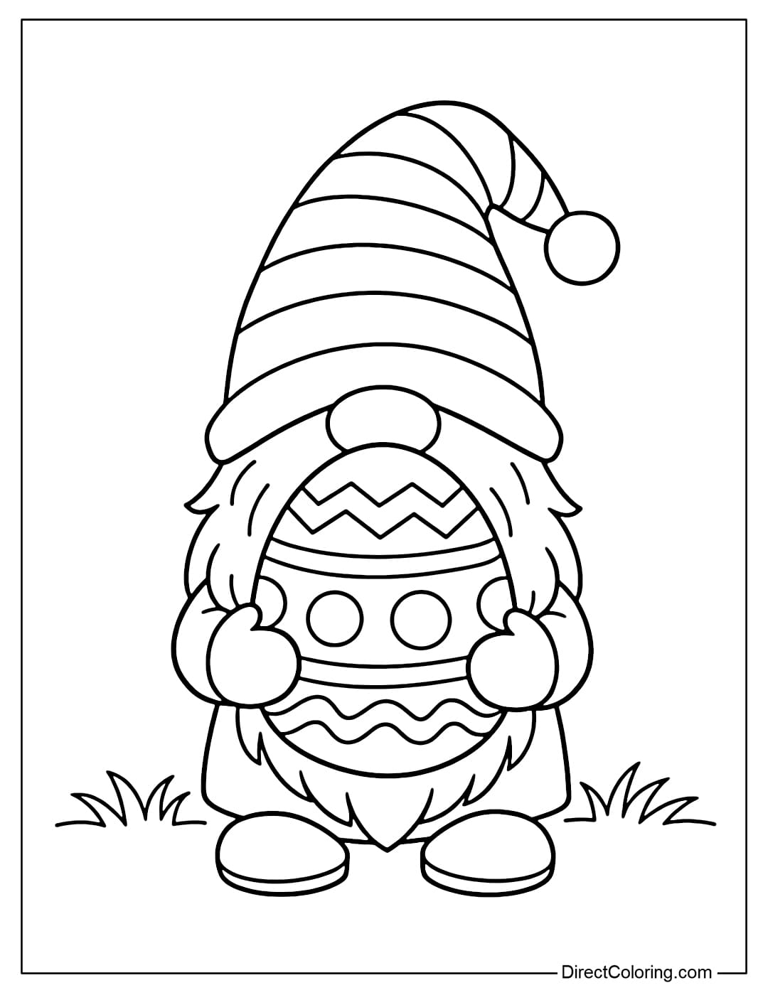 Coloring page of a gnome holding a large Easter egg in front.