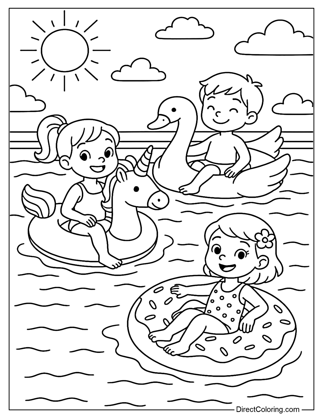 Coloring page of children floating on unicorn, swan and donut floats in a large pool under the summer sun.