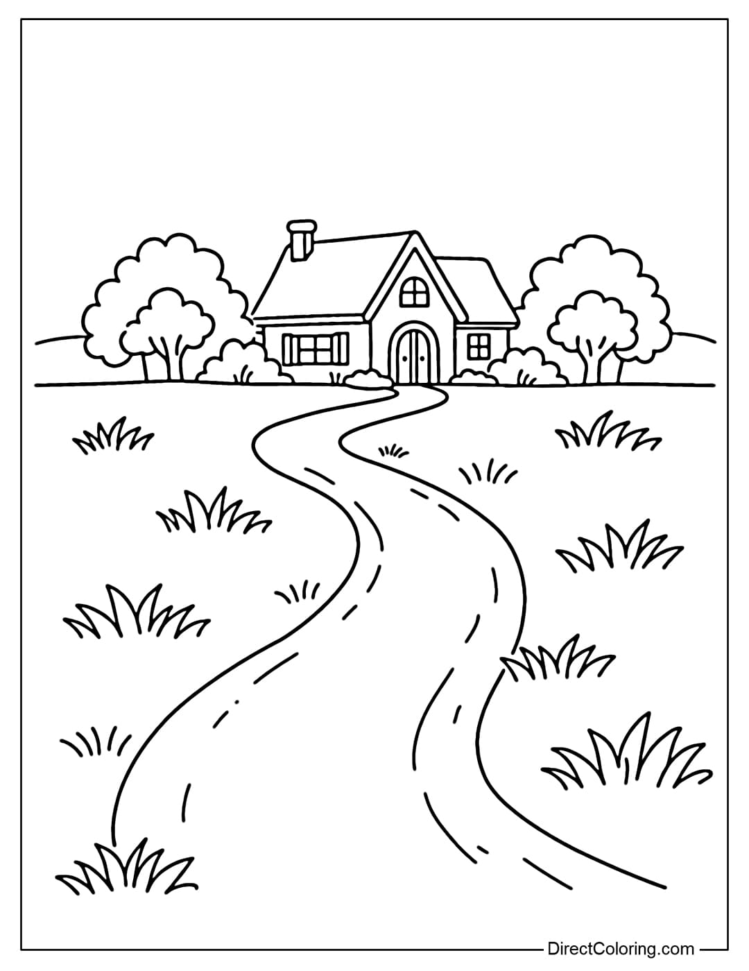 Coloring page of a small dirt road leading to a pretty house in the village with a few simple patches of grass on either side.