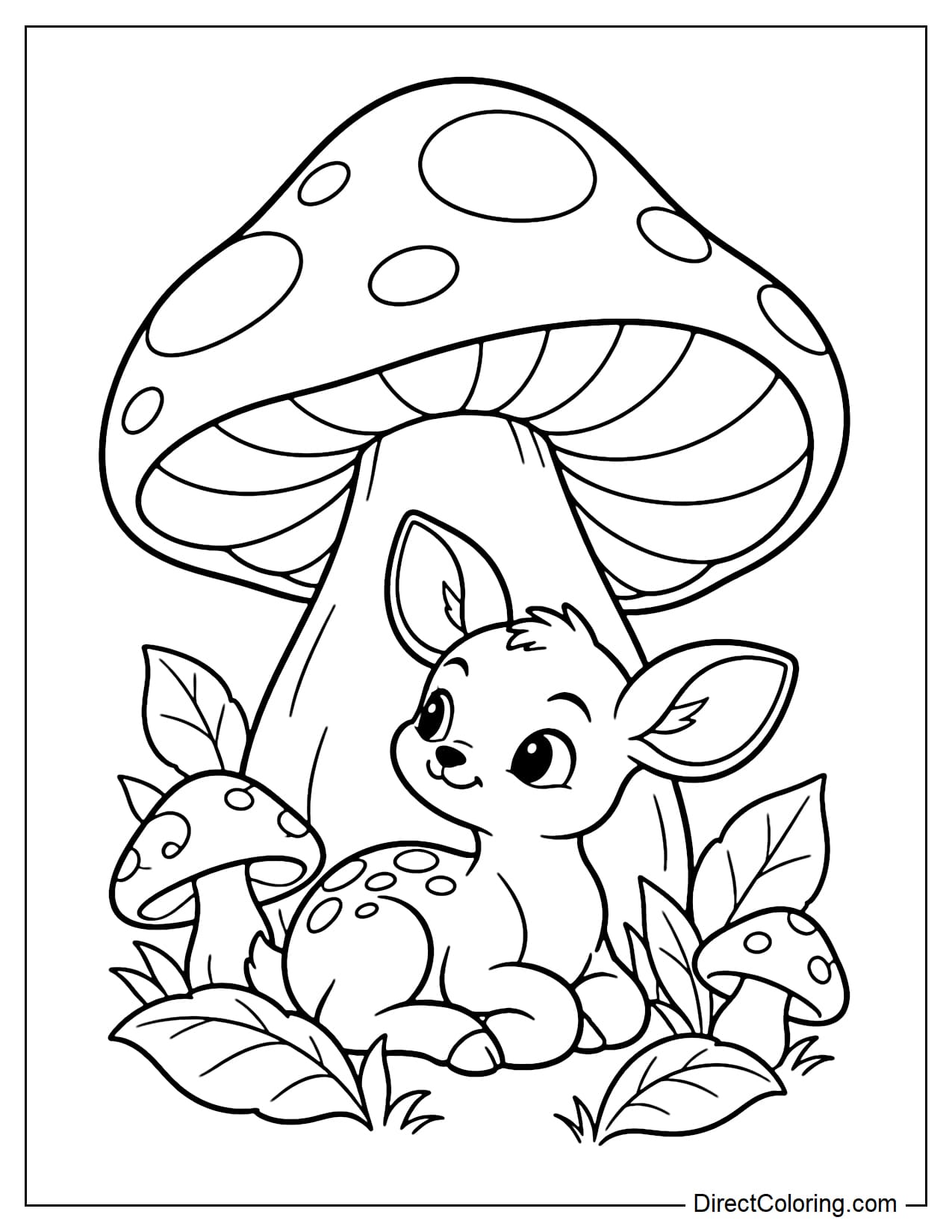 A small baby deer sitting under a giant mushroom, with two smaller mushrooms and a few large leaves around its feet.