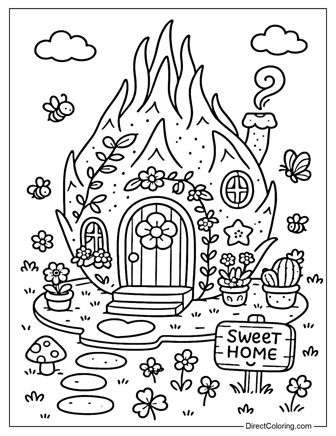 A dragon fruit house coloring page with a pointed dragon scale-shaped roof, glass doors and flowers blooming around the steps.