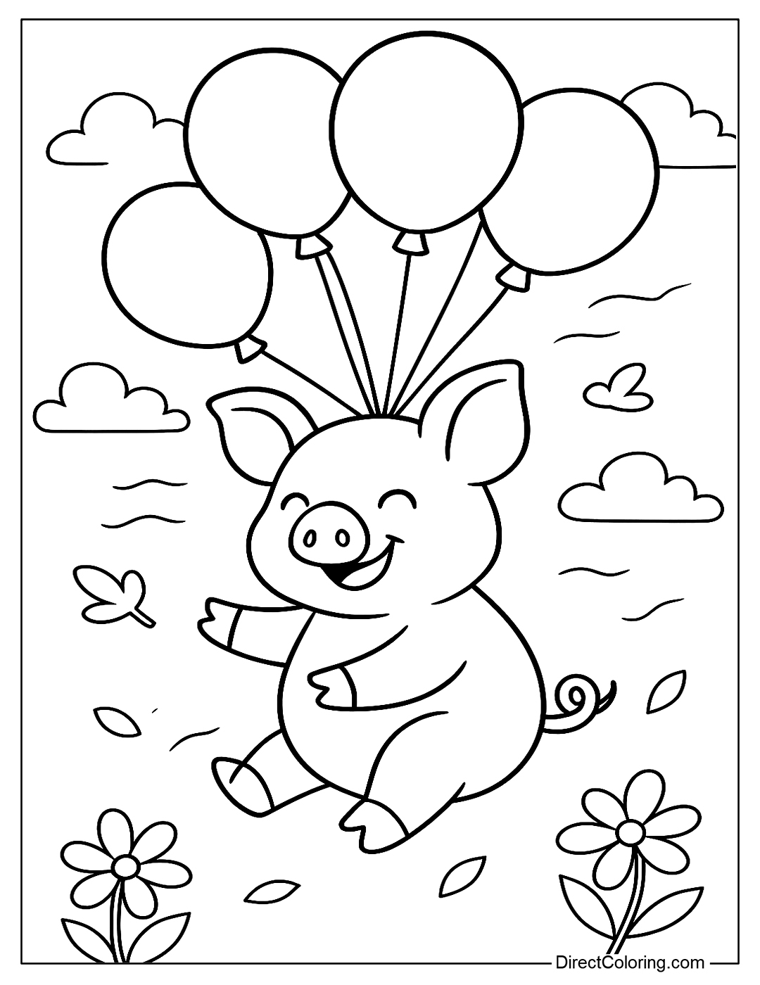 Flying Pig with Balloons Coloring Page