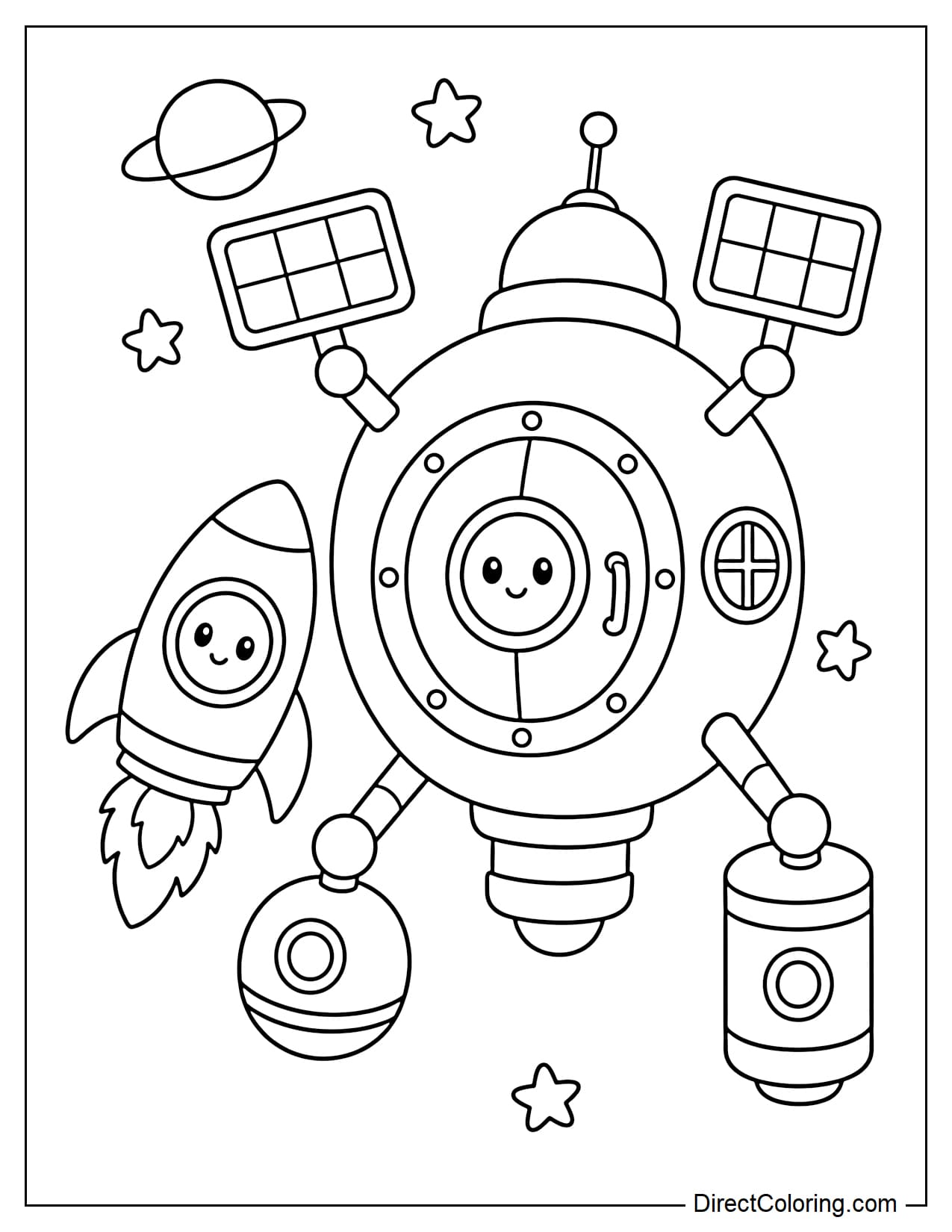 A small rocket docking at a space station with simple connecting arms and a large round entrance.